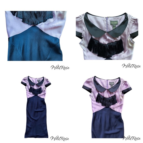 ZAC POSEN MARILYN DRESS - Lilac & Navy Blue Collared Fringe Silk Dress SZ 2 - Picture 14 of 17